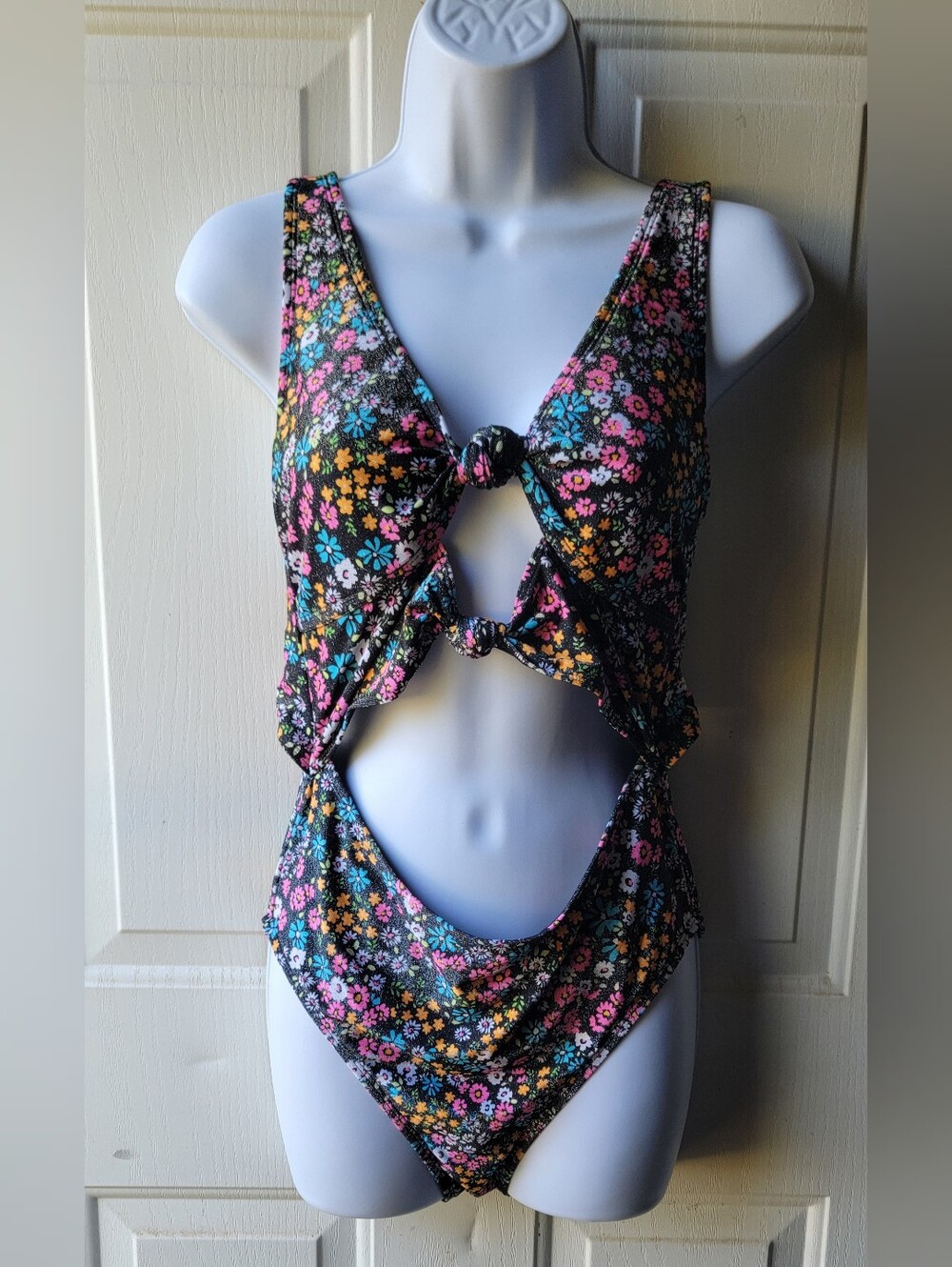Vibrant Floral Glitter Keyhole One Piece Swimsuit Rave Bodysuit Size M-L